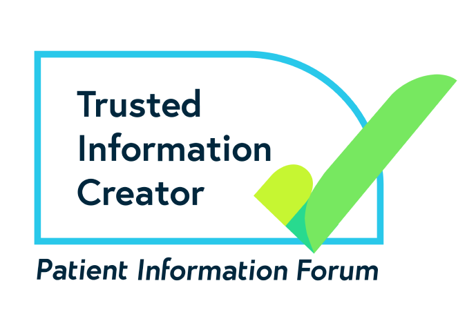 Alt Text: PIF TICK logo with the words Trusted Information Creator and Patient Information Forum. There is a blue rectangular border with a big green tick.